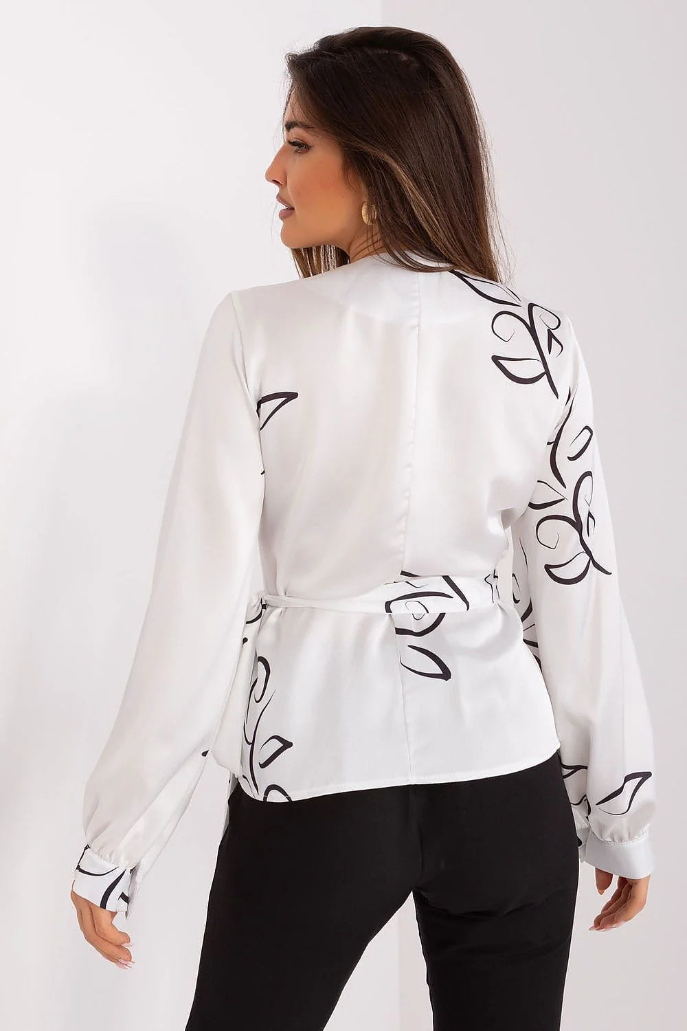 Chemisier féminin cache-cœur en V manches longues motifs calligraphiques blanc noir coton nylon taille ajustable