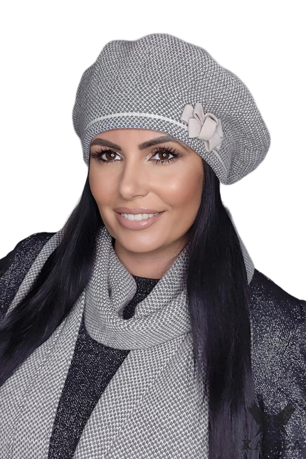 Béret et Écharpe Kamea gris chiné tricot laine acrylique mode automne hiver femme classique modernité