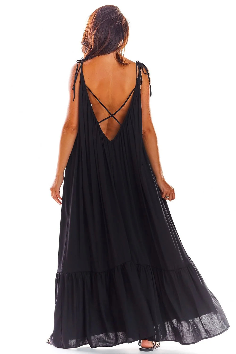 Robe longue AWAMA été 2023 coupe ample décolleté dos volant bas coloris rouge vif femmes viscose élasthanne