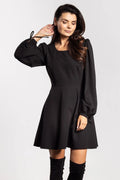robe mini patineuse noire femme encolure ronde taille cintrée jupe évasée courte manches longues ballon poignets élastiques noeud décoratif élégante