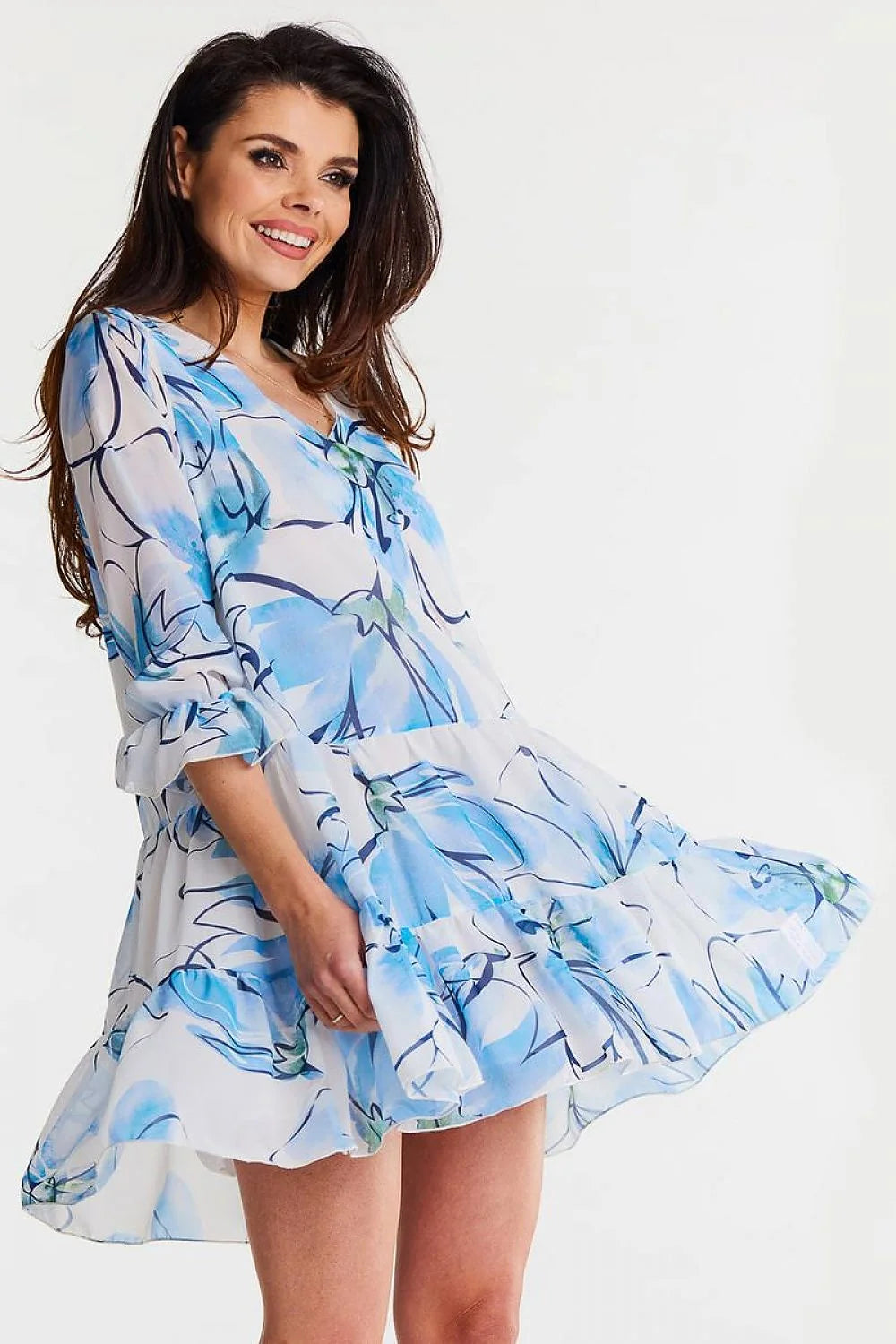 Robe de jour awama en mousseline de soie imprimée floral bleu vert noir taille ajustable femme