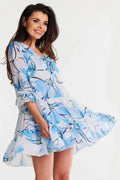 Robe de jour awama en mousseline de soie imprimée floral bleu vert noir taille ajustable femme