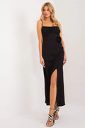 Robe de cocktail élégante longue noire spaghetti décolleté froncé taille marquée fleurs fente jambe femme