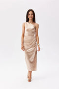 Robe de soirée élégante asymétrique épaule unique satin champagne sans doublure fermeture éclair femme robe midi fente jambe occasion spéciale gala