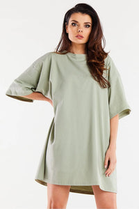 robe tshirt oversize coton lycra mélange doux stretch kaki sauge coupe droite épaules tombantes manches larges col rond courte élégante