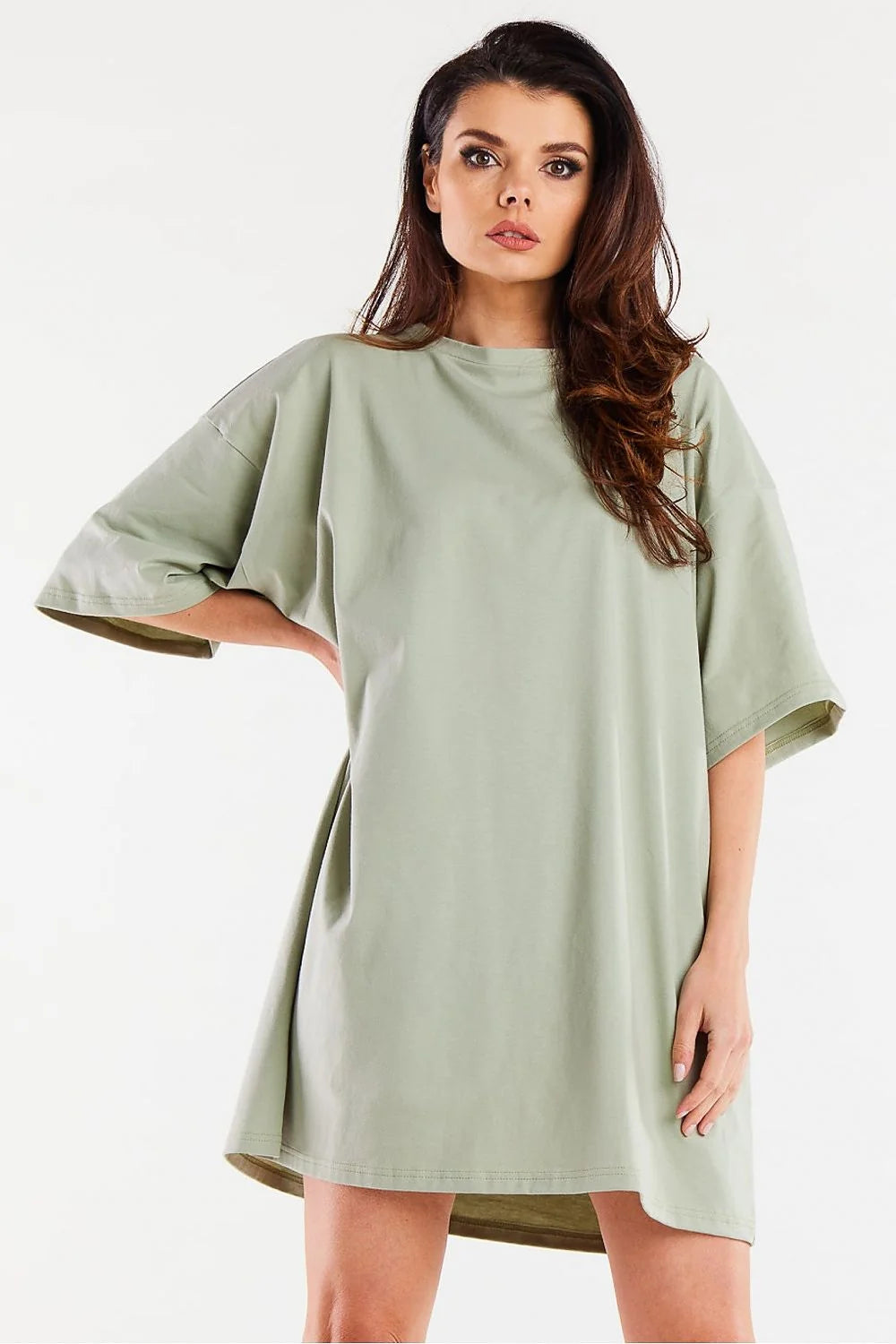 robe tshirt oversize coton lycra mélange doux stretch kaki sauge coupe droite épaules tombantes manches larges col rond courte élégante