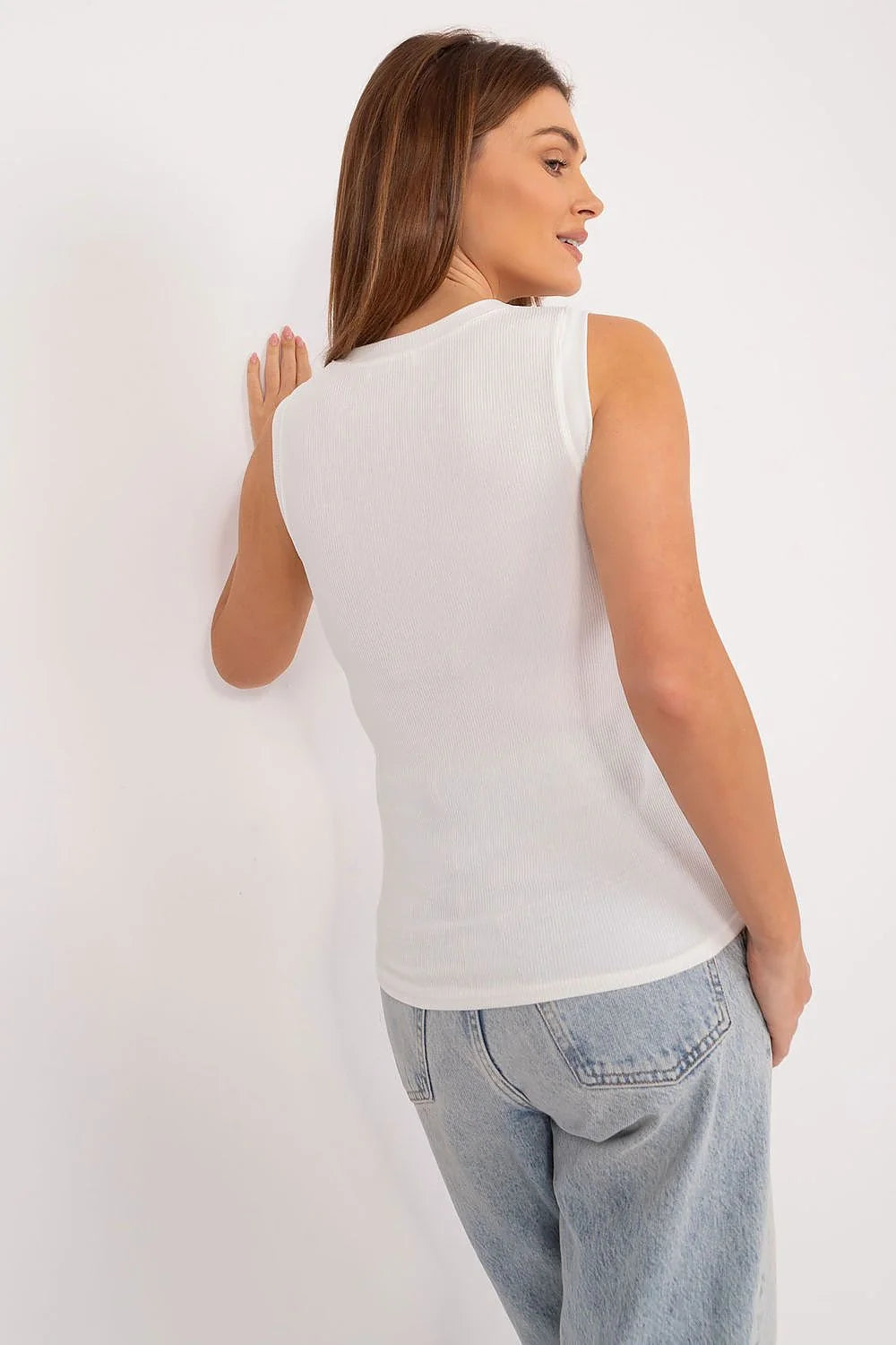 débardeur blanc floral femme coton polyester côtelé stretch ajusté col rond coupe maille légère fleur appliquée épaule casual chic