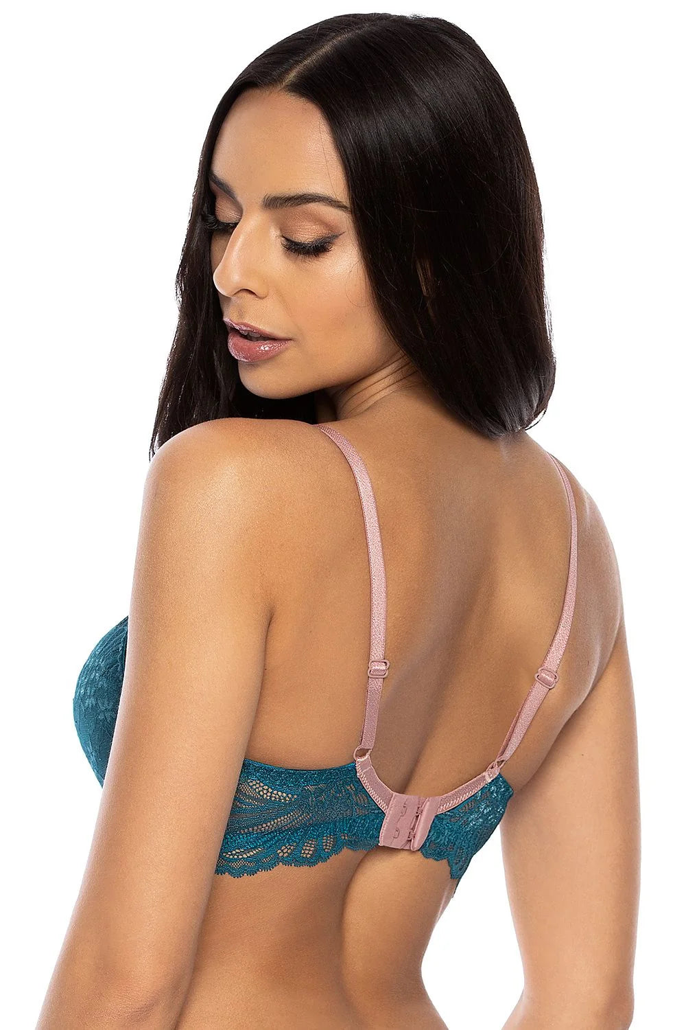 Soutien-gorge balconnet turquoise dentelle floral armatures rembourrées bretelles ajustables fermeture dos 2 rangs 3 niveaux
