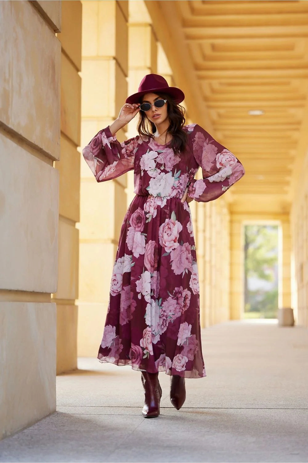 robe longue bohème chic Ariela mousseline imprimé floral bordeaux rose lilas manches longues bouffantes taille élastiquée jupe fluide doublée vaporeuse