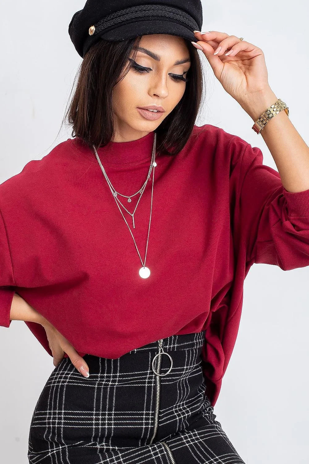 Sweatshirt BFG pour femme en coton 90% élasthanne 10%, style casual oversize, couleur bleu vif, manches longues, col rond côtelé, idéal pour tenues urbaines et décontractées