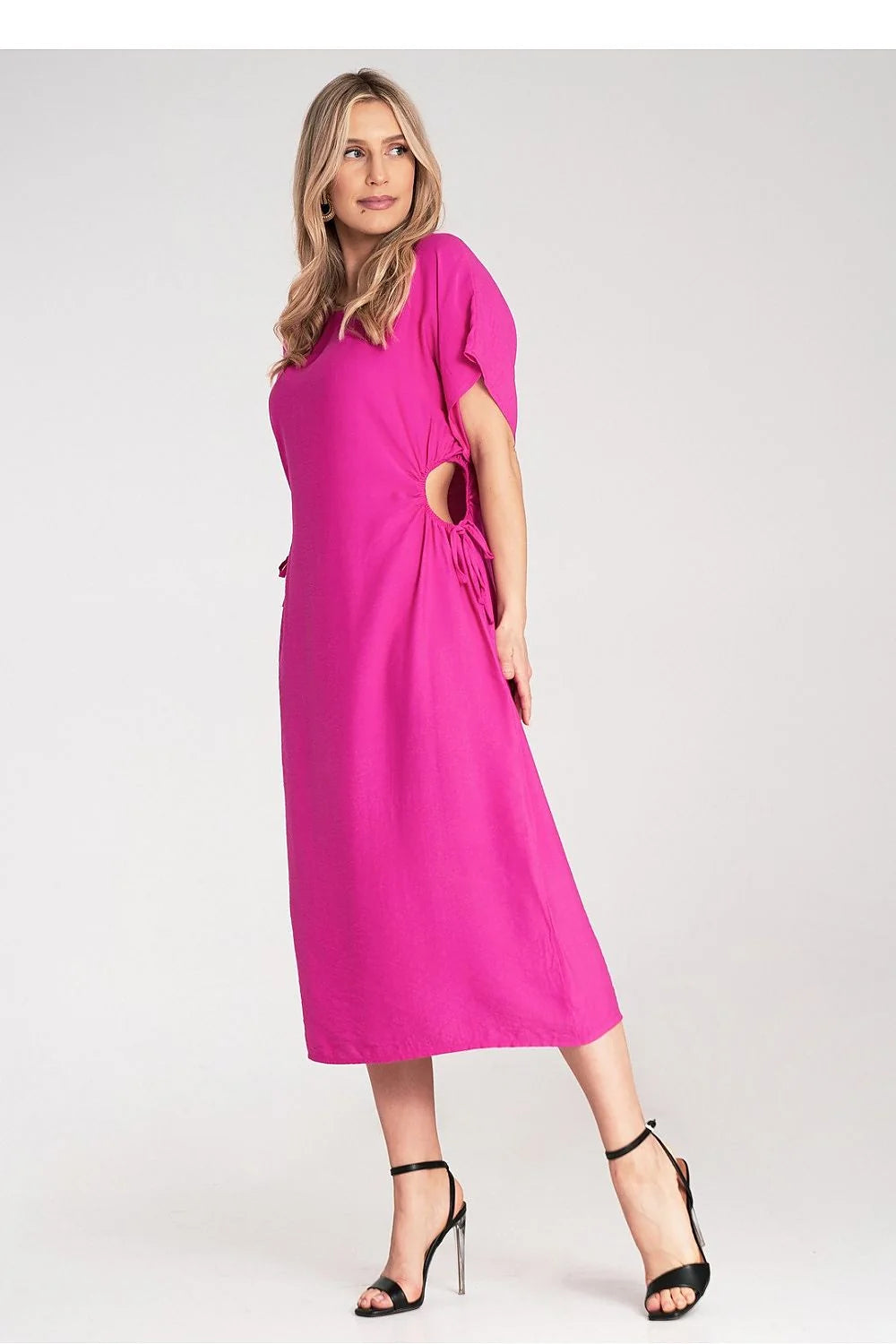 Robe midi élégante en viscose fuchsia coupe droite manches courtes kimono liens à la taille femme moderne