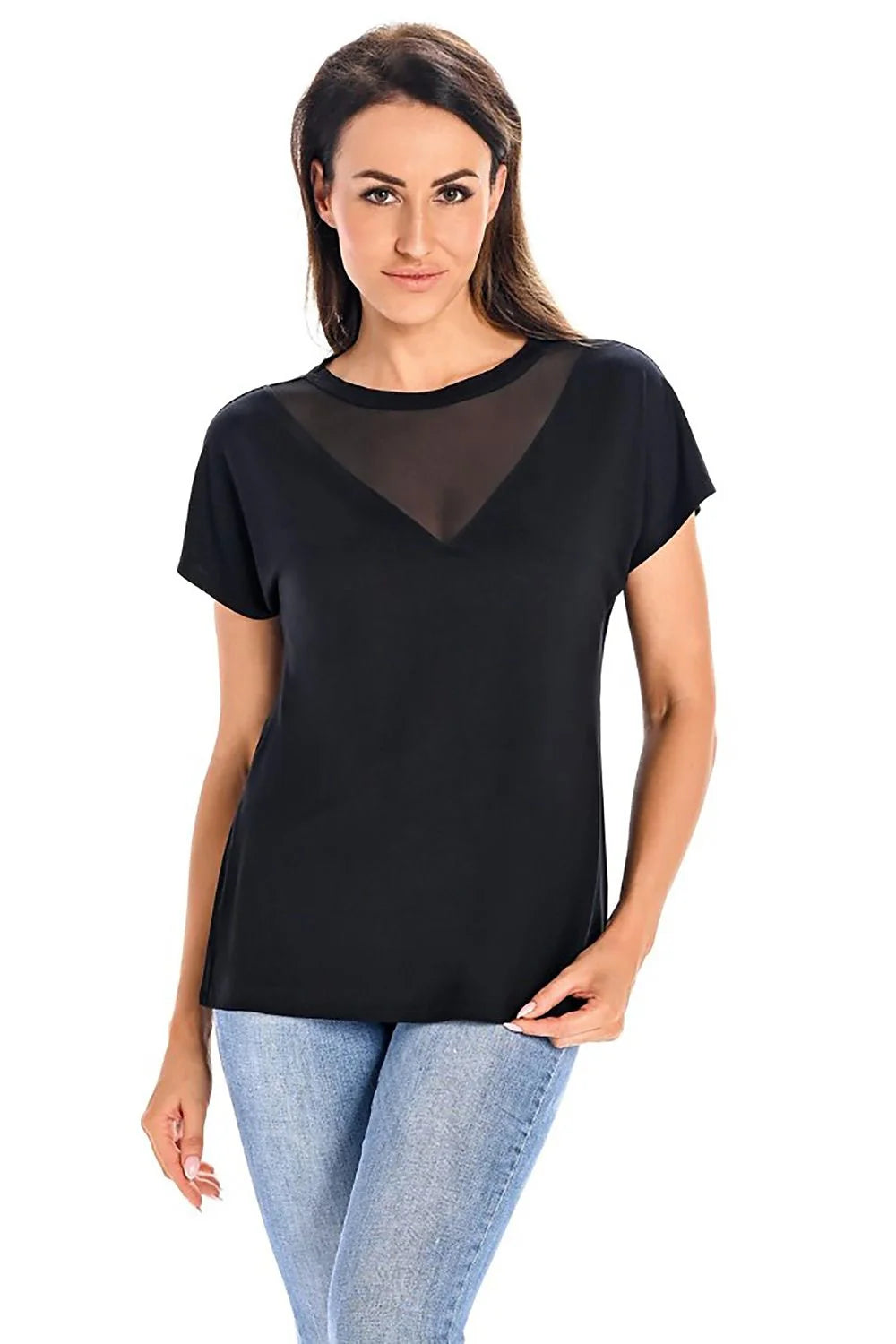 Chemisier Teyli en bambou noir manches courtes encolure haute transparence triangulaire dos droit femme