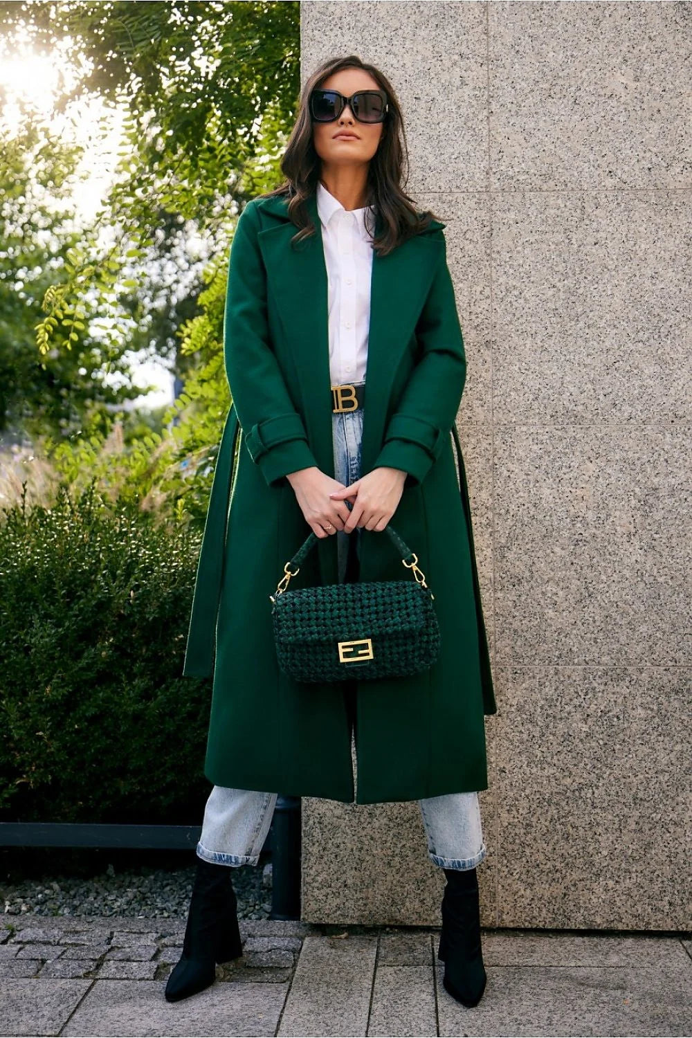 Manteau long élégant pour femmes en laine avec ceinture poches revers pointu automne hiver vert foncé
