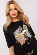 T-shirt femme moderne artistique imprimé audacieux élément léopard couleurs beige bleu-gris noir doré manches courtes ou mi-longues col rond coupe ample respirant confortable polyvalent occasionnel