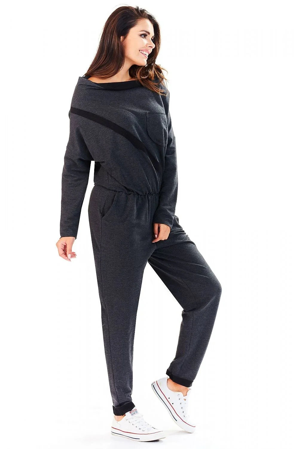combinaison femme coton élasthanne décontractée moderne ample col bateau manches longues taille élastique poches latérales molletonnée gris anthracite