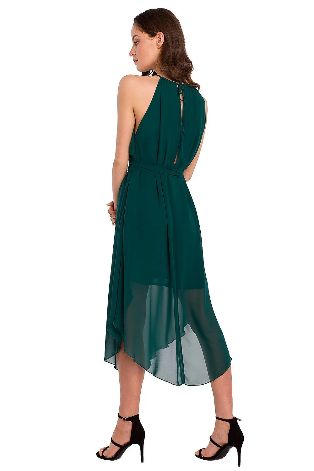 Robe soirée satin élégante sans manches col halter volant ceinture ajustable femme vert émeraude