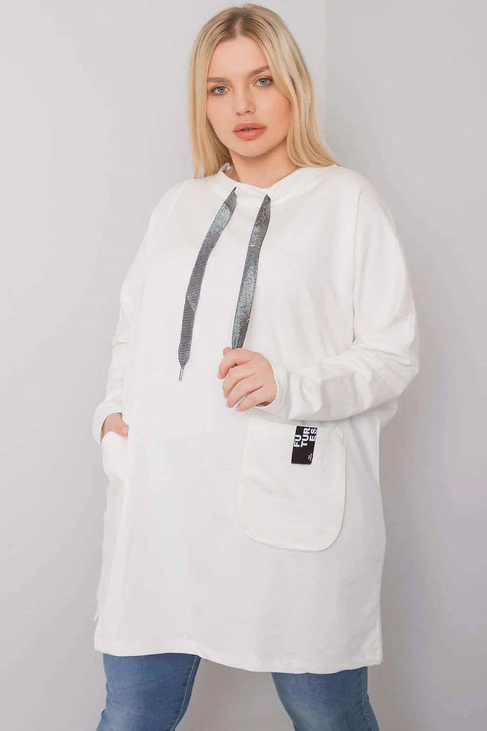 Sweatshirt à capuche long coton femme ample blanc confortable mode décontractée poche kangourou stylé