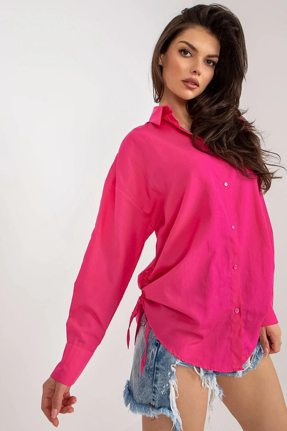 Chemise femme fuchsia modern design longue manche col classique tissu fluide coton polyester taille L M S