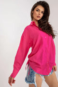 Chemise femme fuchsia modern design longue manche col classique tissu fluide coton polyester taille L M S