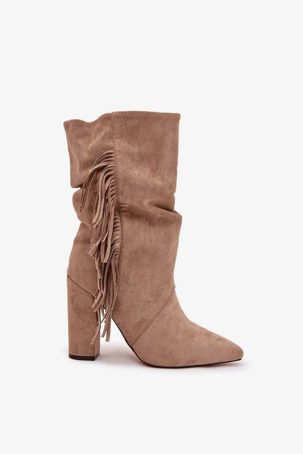 bottes femme mi mollet suédine taupe bout pointu talon bloc tige plissée franges latérales fourrure intérieure chaleur confort bohème chic