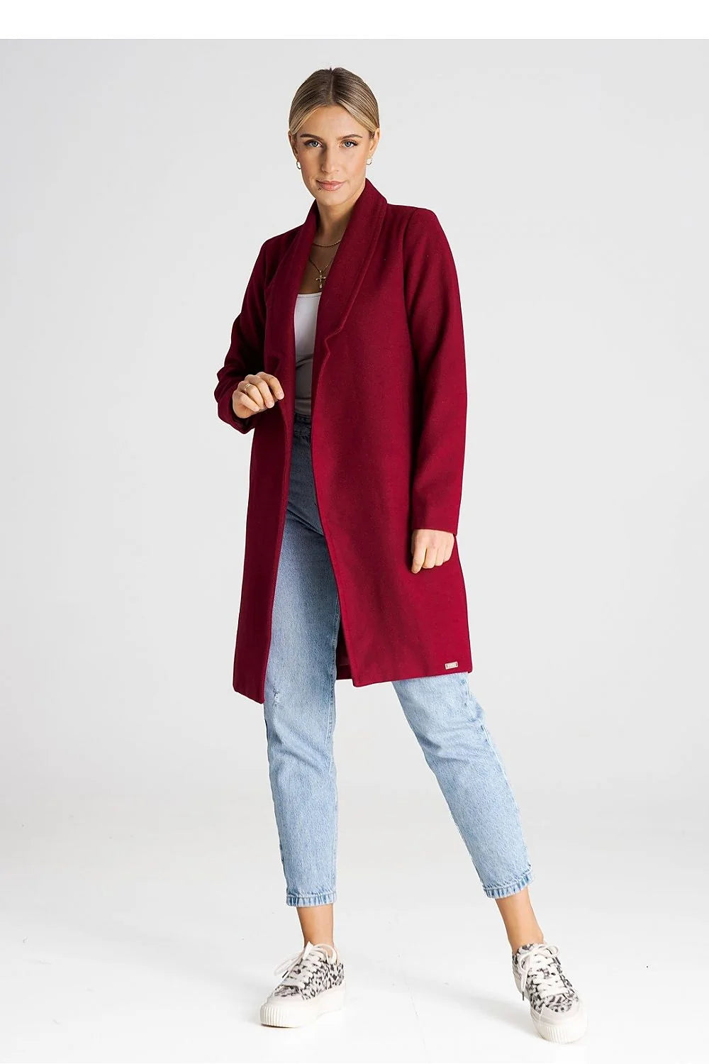 Manteau pour femme élégant longueur genoux couleur bordeaux col châle ceinture ajustable laine mélangée doublure intérieure manches longues automne hiver