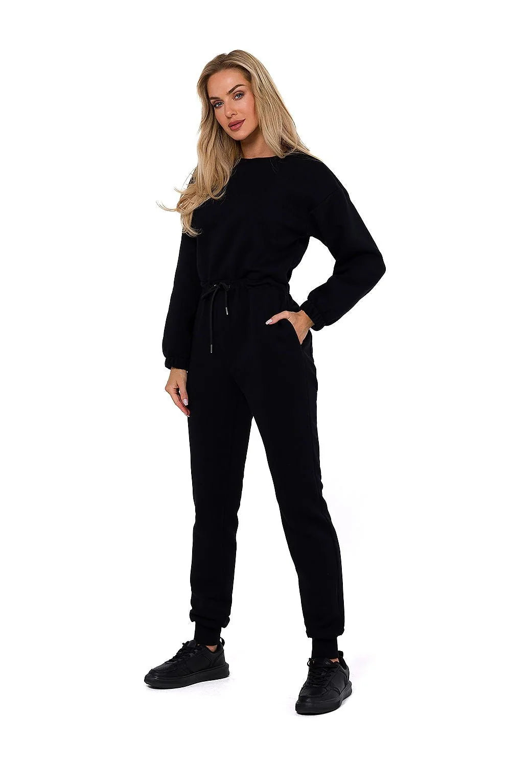 Combinaison Moe pour femmes manches longues zippée style décontracté moderne couleur noire taille ajustable