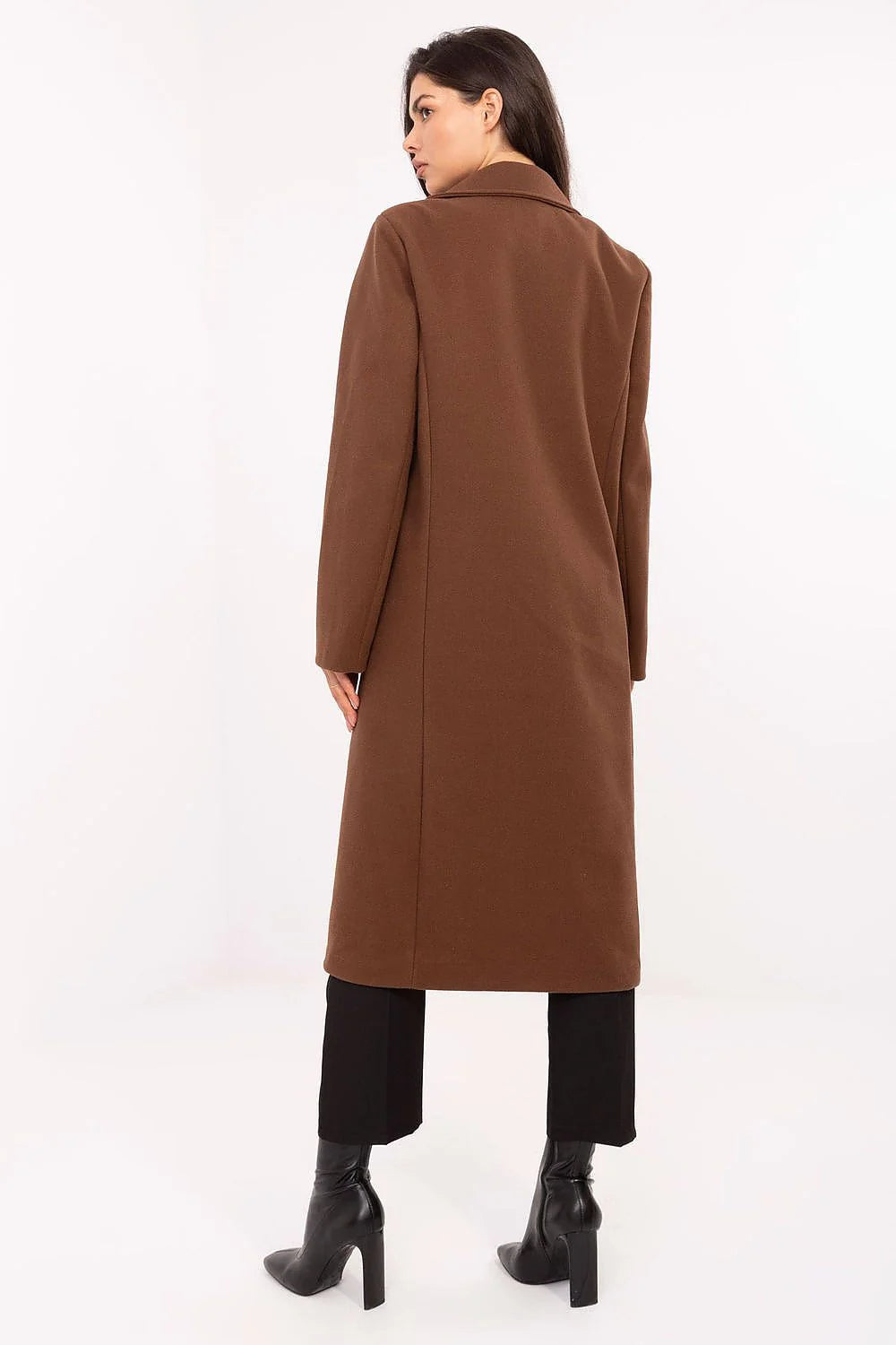 manteau long femme coupe droite midi brun chocolat tailleur col cranté épaules structurées poches rabats doublure légère polyester intemporel