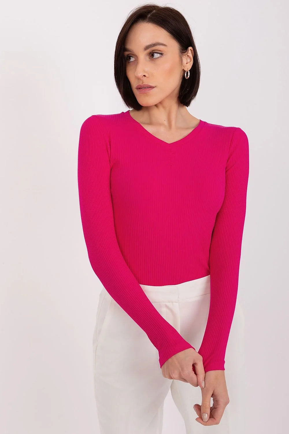 Chemisier BFG maille côtelée rose vif manches longues encolure V silhouette ajustée matériau stretch femme