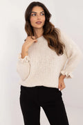 Pull pour femme en mélange acrylique laine viscose polyamide, style décontracté, manches longues volants, couleur écru, coupe ample, occasion quotidienne travail