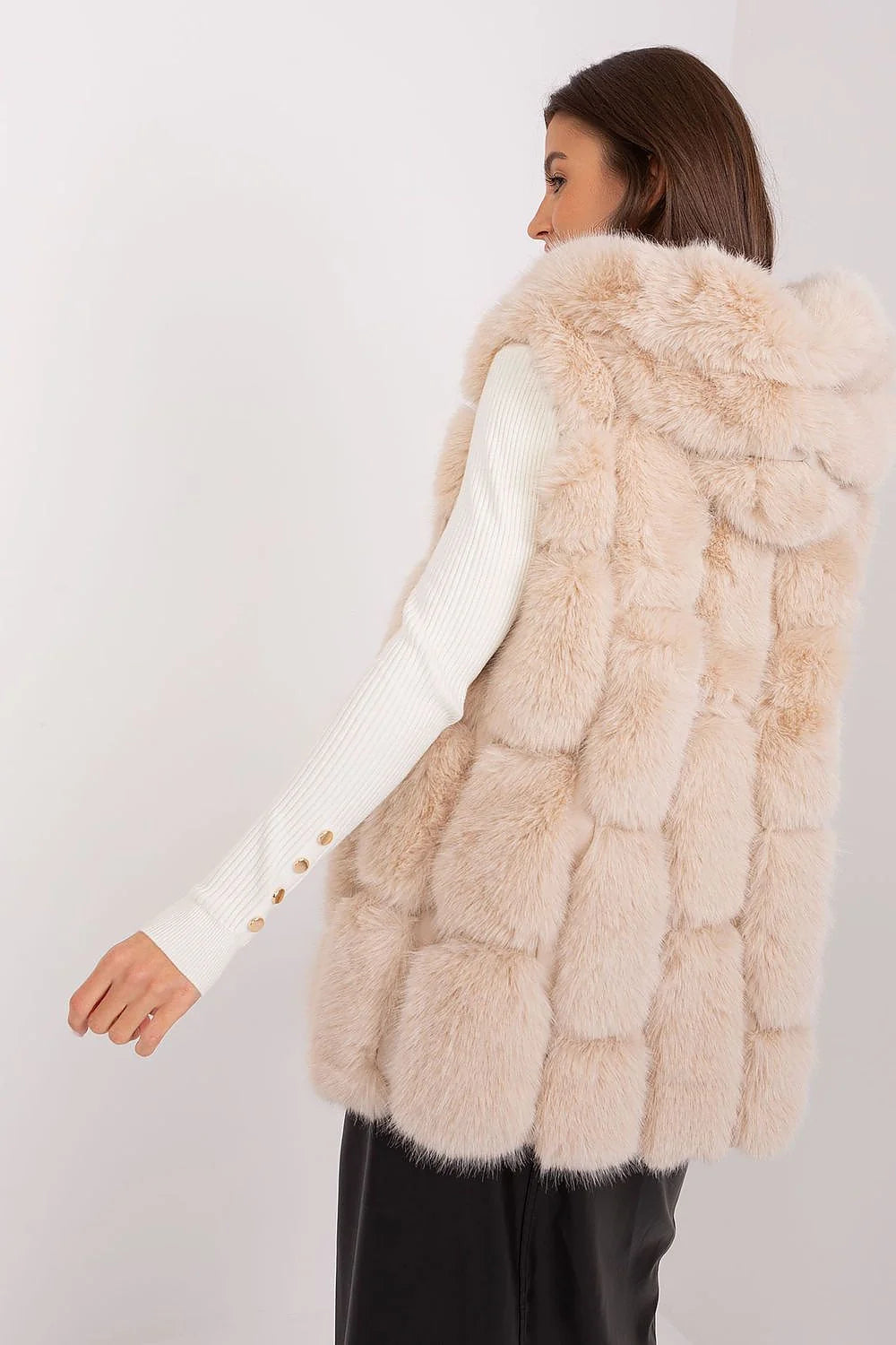 Gilet en fausse fourrure pour femme beige clair sans manches coupe droite longue col montant fermeture éclair