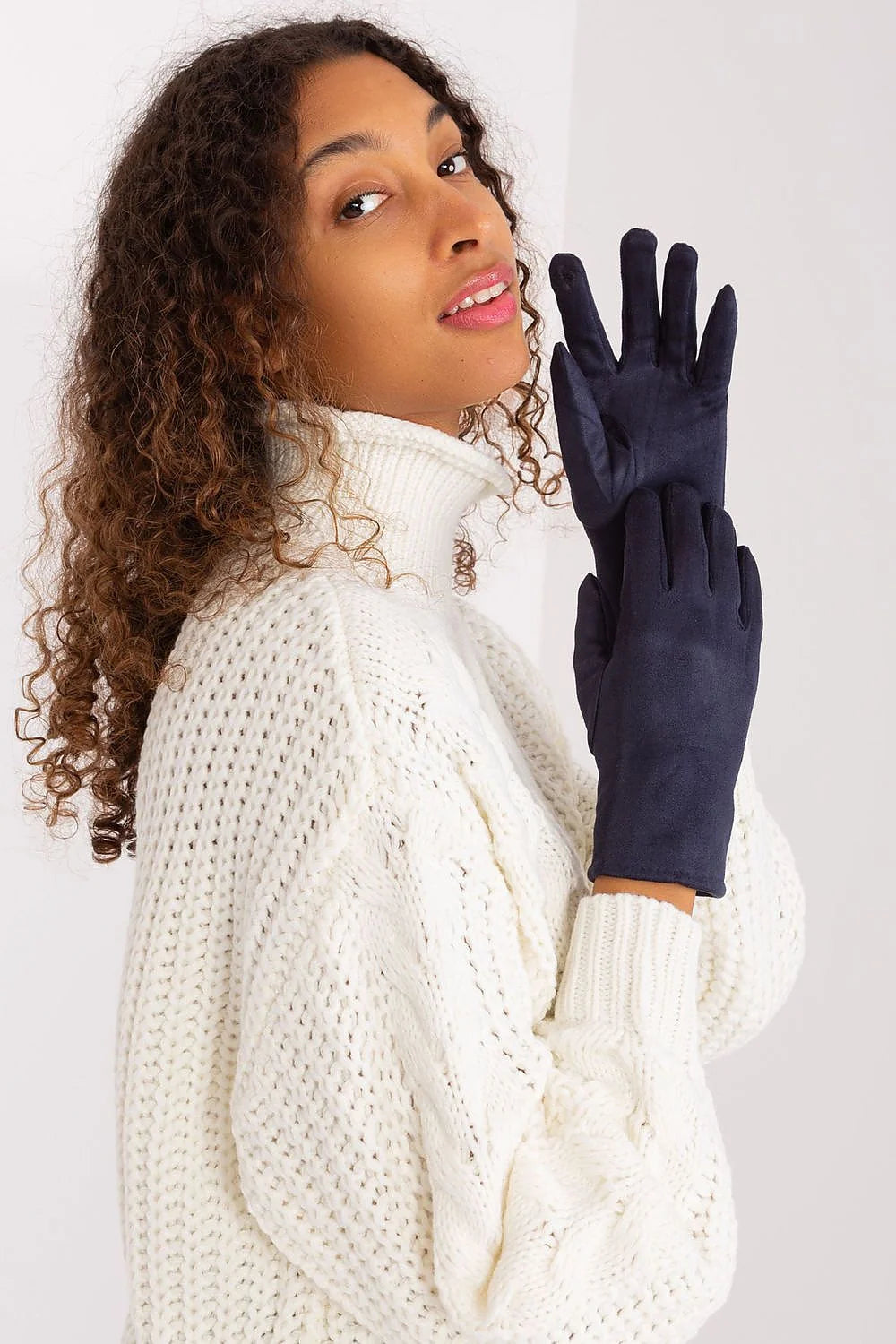 Gants élégants pour femmes en tissu lisse et isolant avec broderie fleur bleu marine