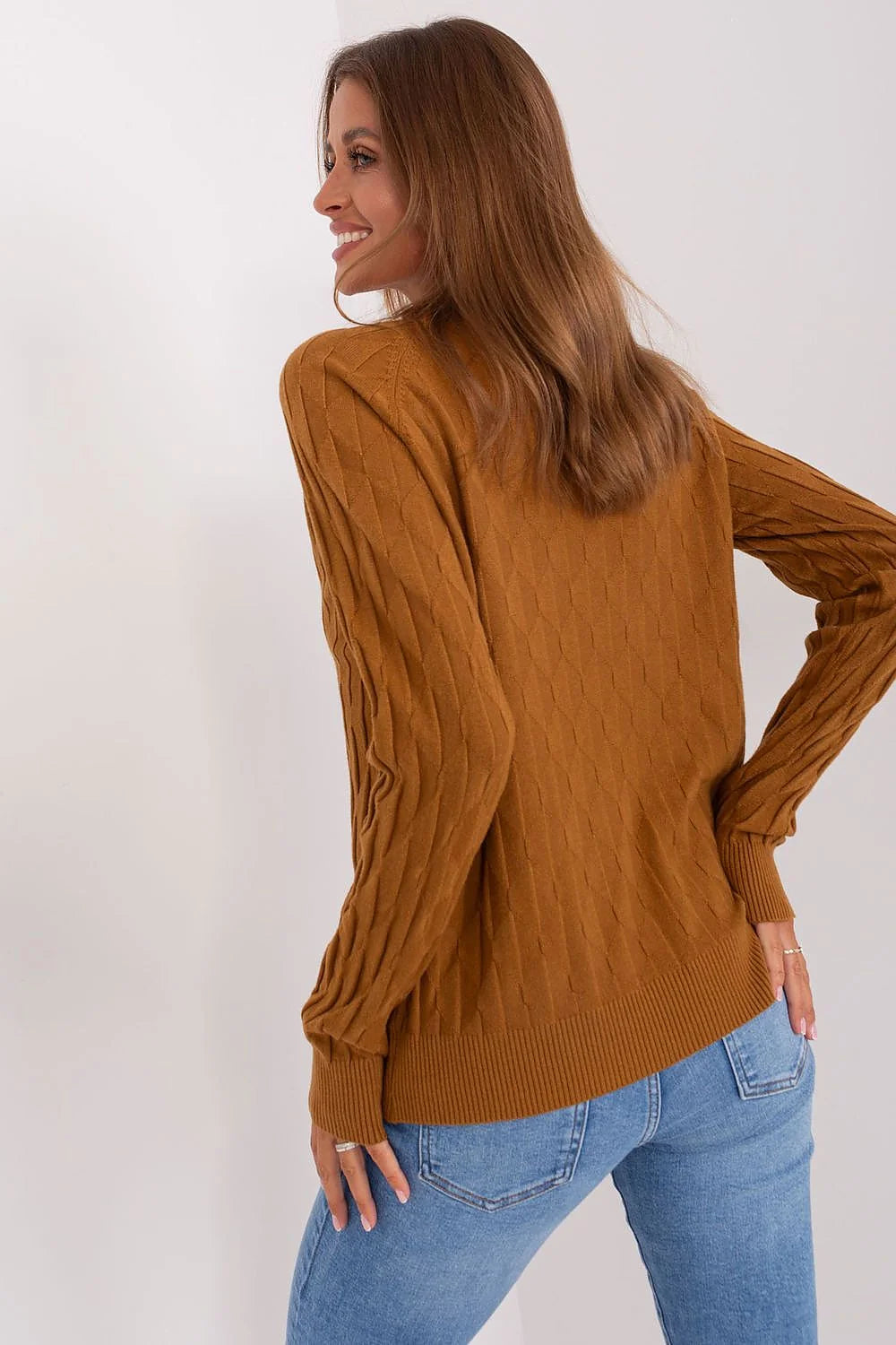 Pull pour femmes Chandail AT en polyester manches longues col rond torsadé caramel brown casual