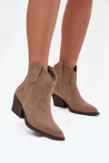 bottines femme daim naturel suédine western bout pointu talon6cm bloc effet bois taupe cheville surpiqûres languettes enfilage doublure fourrure confortables