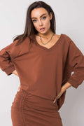 Sweatshirt Rue Paris ample manches longues encolure V couleur brun terre cuite doux respirant féminin