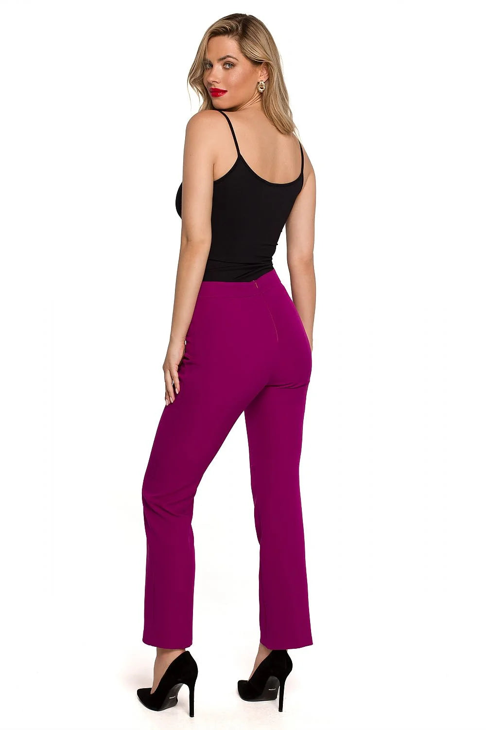Pantalon femme Makover taille haute coupe ajustée couleur prune 95% polyester 5% élasthanne détails élégants sans poches
