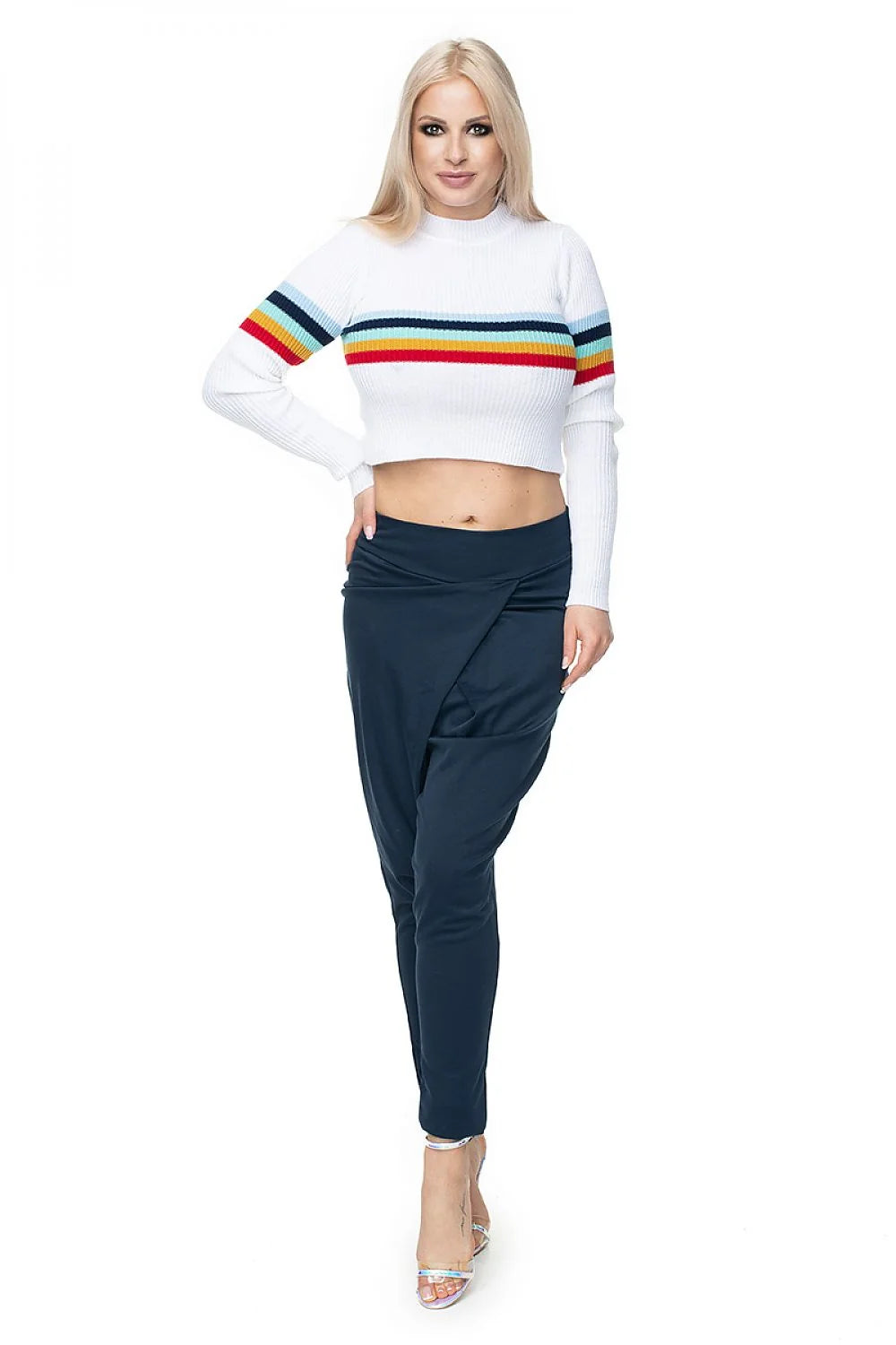 Pull court féminin moderne style jeune rayures arc-en-ciel manches longues col montant en acrylique elasthanne