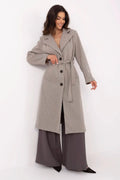 manteau long femme ceinturé lainage beige chiné chevron col tailleur boutons noirs coupe droite longueur mollets fente avant manches longues