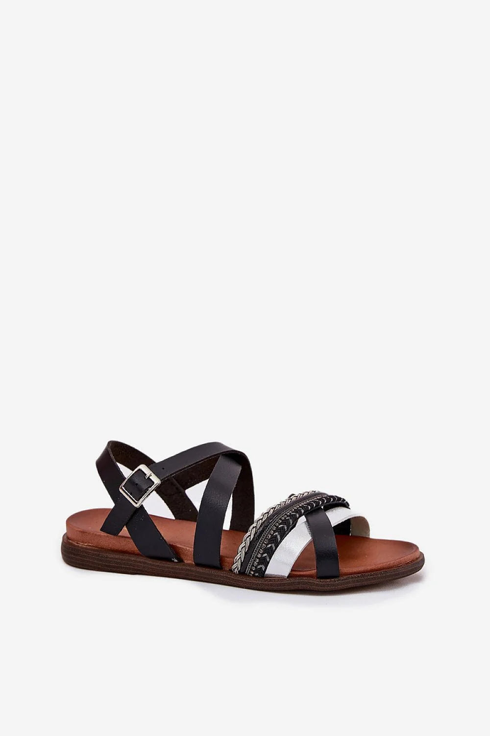Sandales plates style moderne simili cuir noir lanières asymétriques argentées motifs géométriques ajustables femmes été