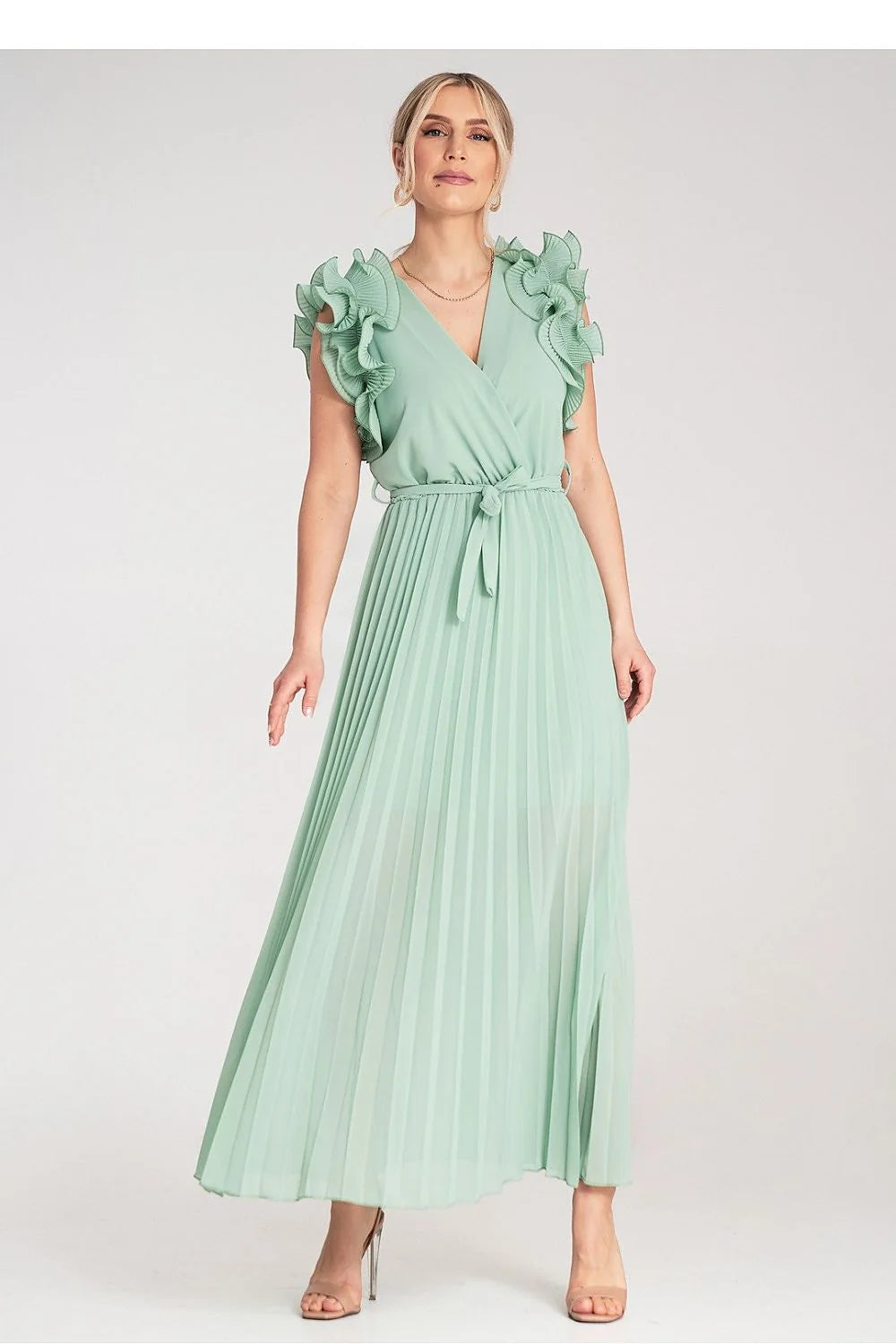 Robe de cocktail élégante longue sans manches en V vert menthe volants épaules ceinture assortie taille élastique polyester femme