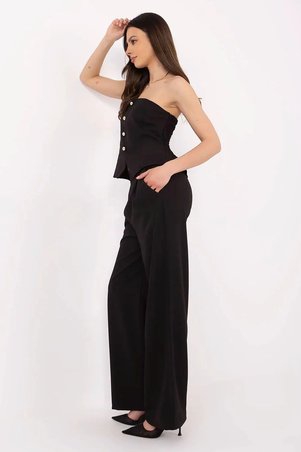 Ensemble élégant pour femme bustier pantalon large coupe droite matériaux doux coloris noir occasionnels versatile