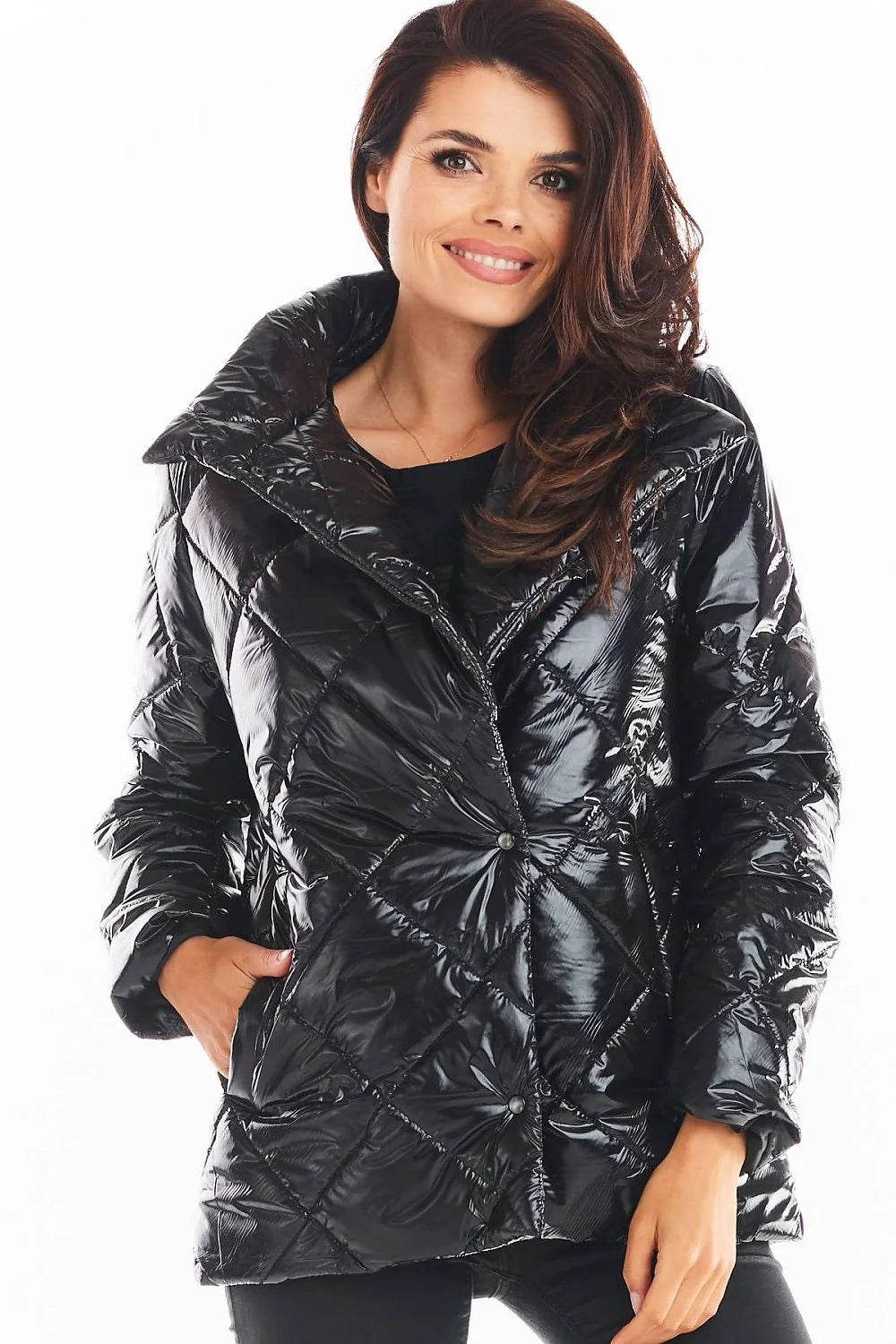 Veste matelassée femme polyester moderne élégante col relevable boutons pression poches latérales hiver stylé