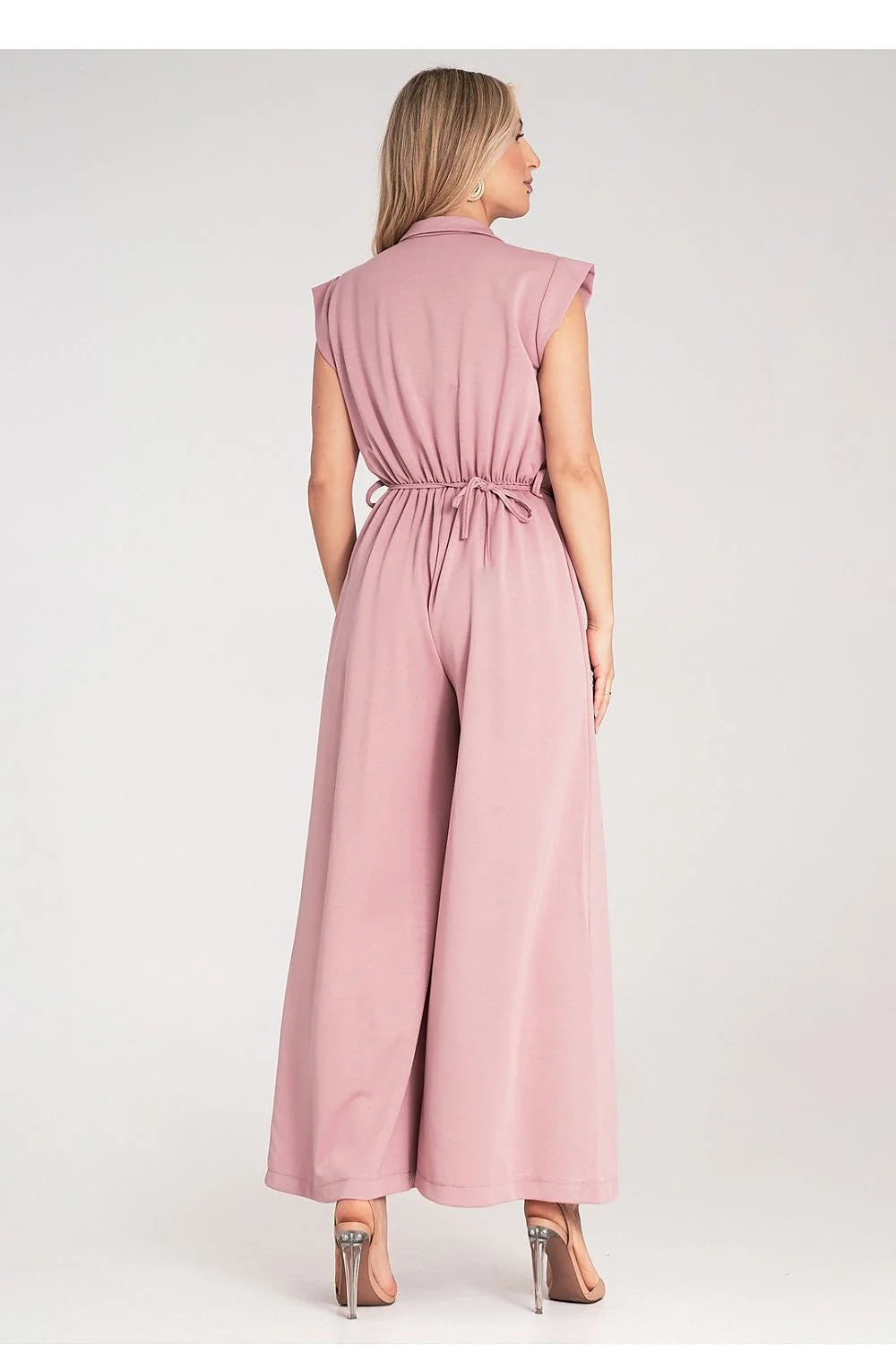 Figl combinaison palazzo rose poudré sans manches col chemise épaules structurées ceinture fine fleur viscose polyester élasthanne fluide