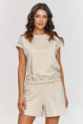 Ensemble féminin Makadamia été confort style mode haut court short élastique manches raglan polyvalent femme