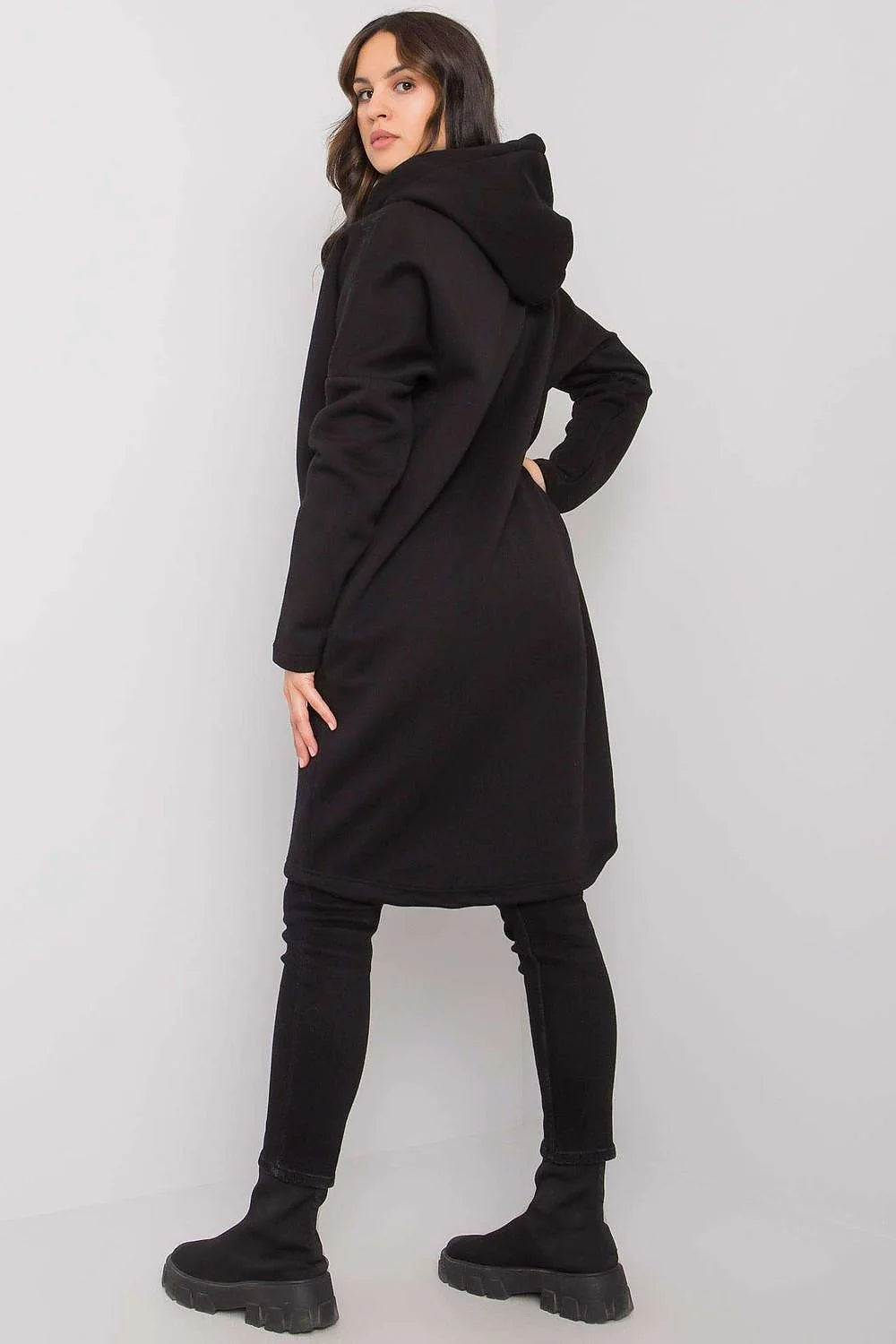 Sweatshirt longline oversize coton noir urbain chic avec capuche fermeture éclair pour femmes mode