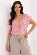 Chemisier Sublevel en viscose motif feuillu rose pâle pour femme, encolure en V, manches courtes, coupe ample, style décontracté et épuré