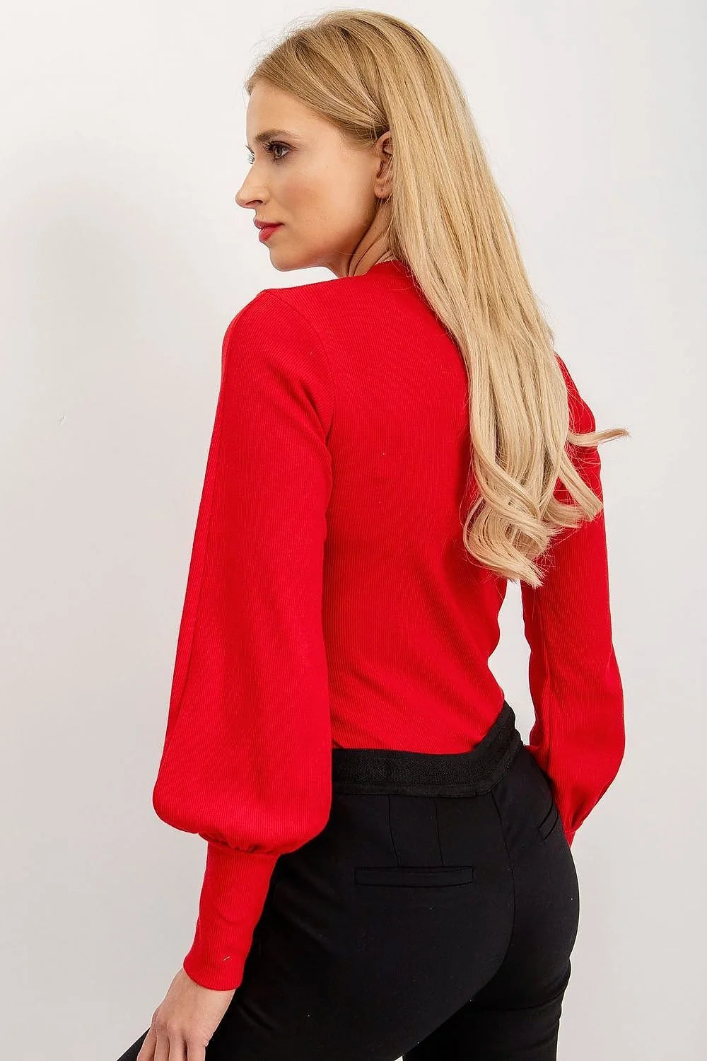 ensemble chemisier pull col montant maille fine côtelée fuchsia vif manches longues bouffantes poignets froncés haut ajusté pantalon