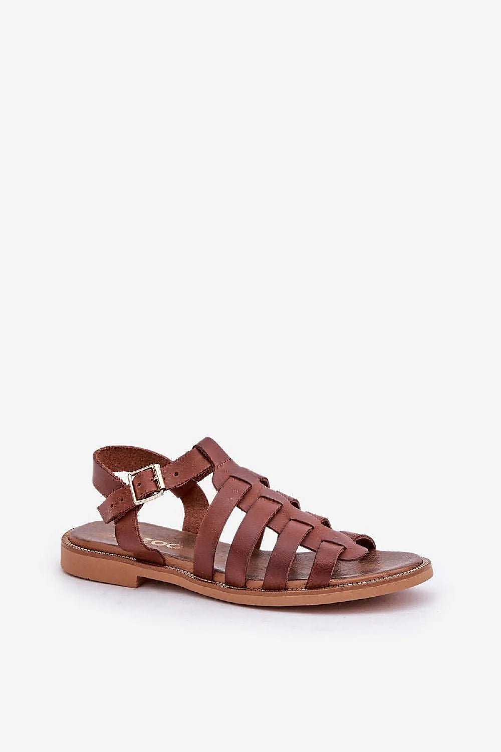 Sandales élégantes en cuir naturel marron, talon plat, bride à boucle dorée, design artisanal, polyvalente pour tenues estivales ou formelles, femmes