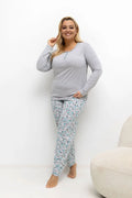 pyjama femme grande taille coton gris manches longues col rond boutonnage trois boutons pantalon long élastiquée imprimé floral turquoise confortable