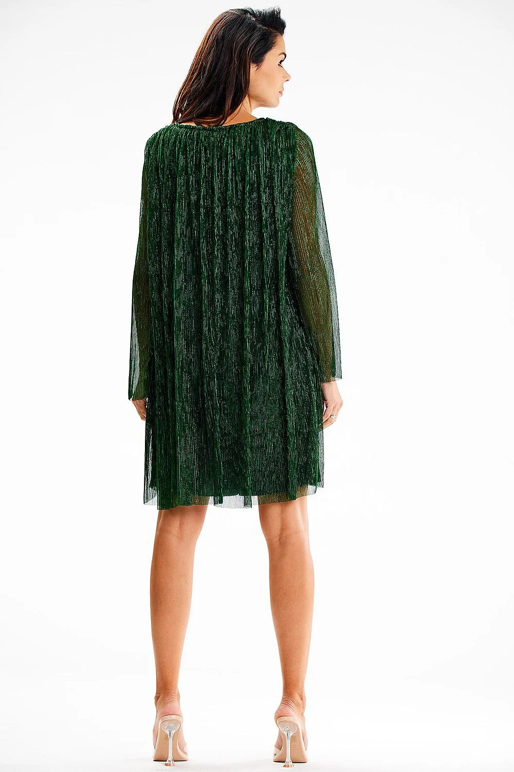 robe soirée courte manches longues mousseline plissée vert profond irisé métallique semi transparent doublure satinée coupe trapèze ample