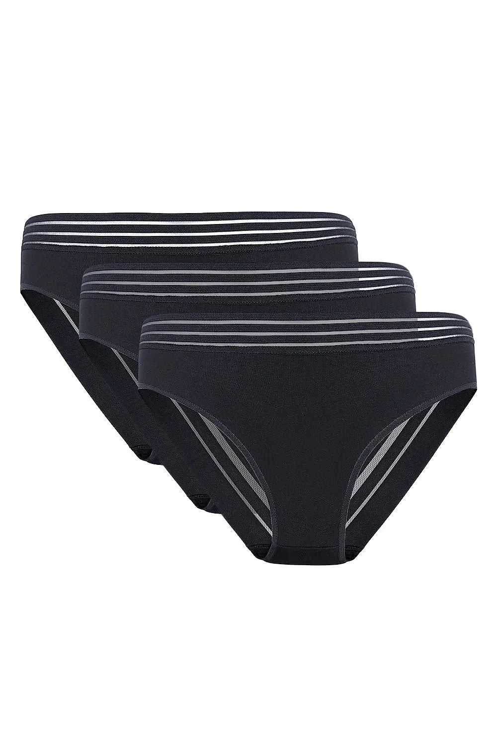 lot trois culottes coton stretch noir taille mi haute coupe classique ceinture elastique rayures oekotex certifie coutures plates gousset renforce